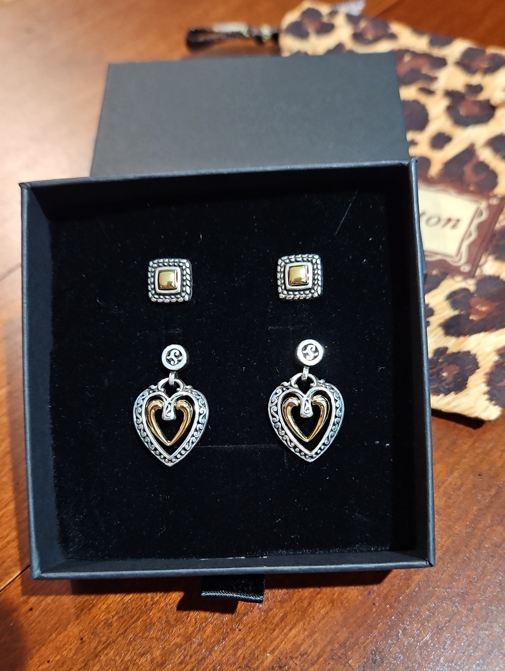 Brighton Silver & Gold-Tone Square Stud and Heart Drop Earrings - 2 Pair Set